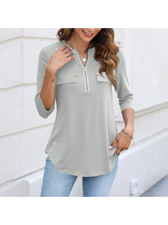 3/4 Length Sleeve Womens Tops 2026 Summer Button Down Shirt Dressy Casual Keyhole Neck Top with Zipper Loose Beach Vacation Henley Blouse Light Gray XL
