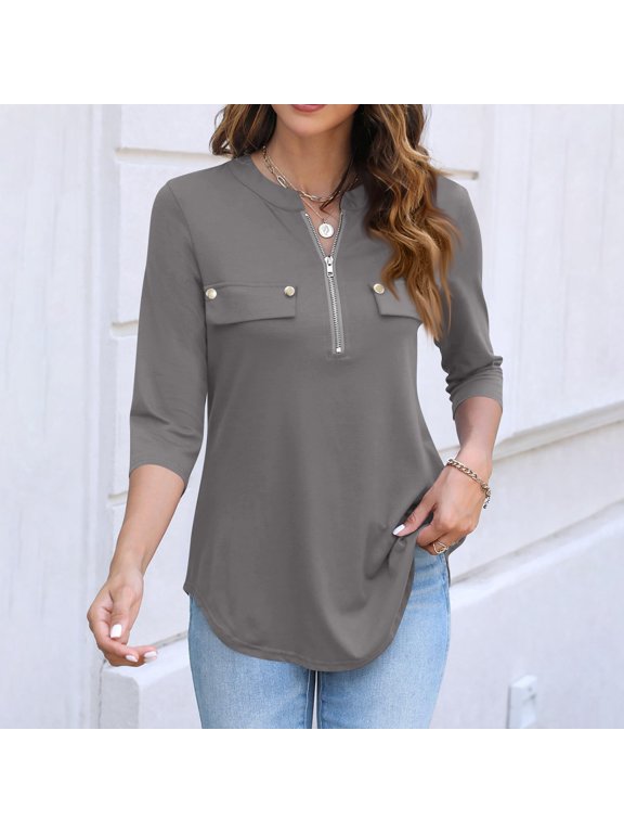 3/4 Length Sleeve Womens Tops Quarter Zip Dressy Fall Blouses Casual T Shirts Loose Fit Vacation Outfits Dark Gray M