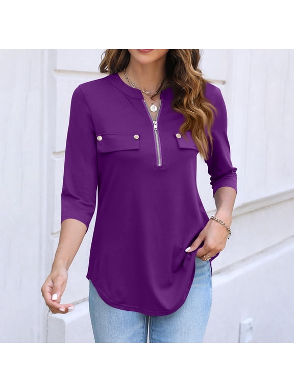 3/4 Length Sleeve Womens Tops Quarter Zip Dressy Spring Shirts Casual T Shirts Loose Fit Vacation Outfits Dark Purple S