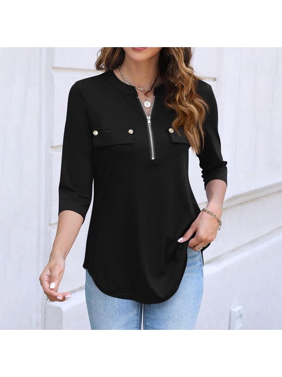 3/4 Length Sleeve Womens Tops Summer Button Down Shirt Casual Keyhole Neck Top with Zipper Loose Beach Vacation Henley Blouses Black M
