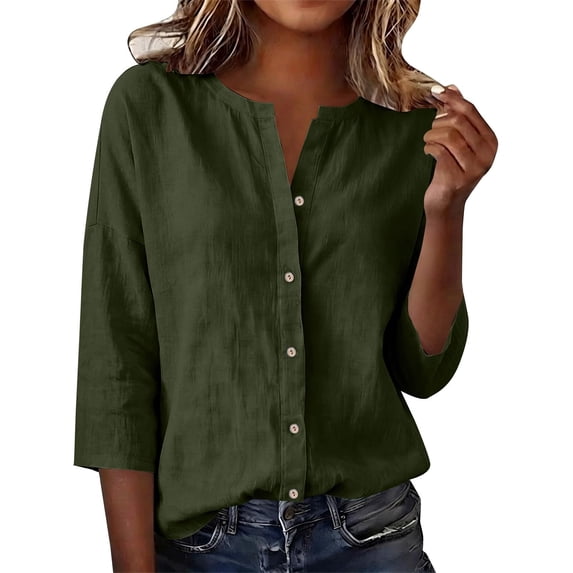 Stralyhd 3/4 Sleeve Tops for Women Summer Button Down Shirts Dressy Casual V Neck Top Loose Fit Travel Vacation Henley Blouse Army Green M