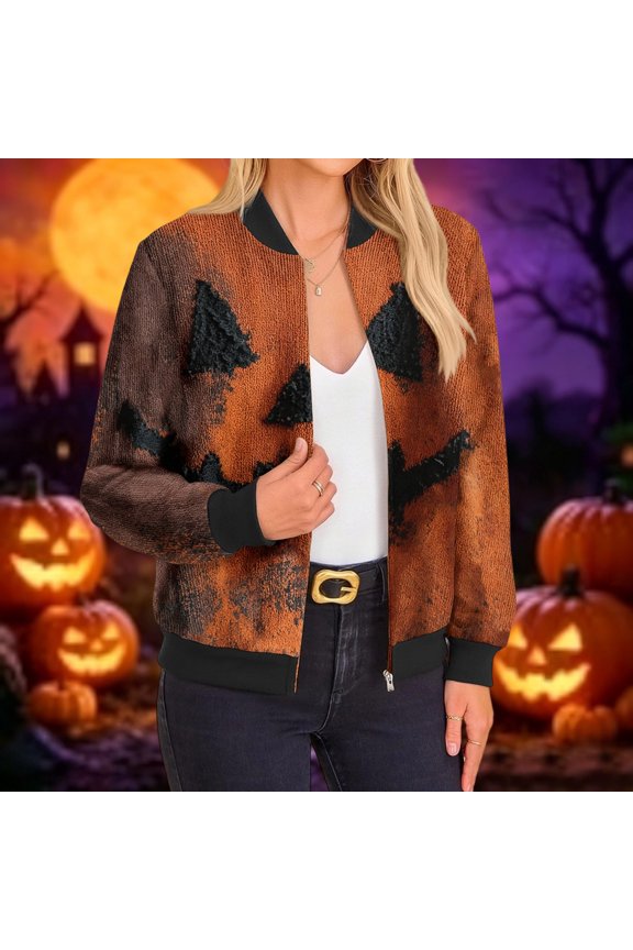 All Hallows Eve Jacket for Women Halloween Party Pilot Jacket Festival Gathering Jackets Spooky Horror Print Windbreaker Multicolor XXL