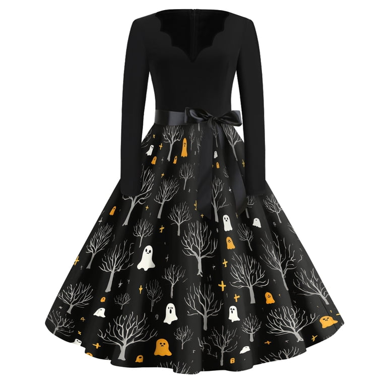 Stralyhd All Hallows Eve Women Dress Halloween Party Long Sleeve Dress Festival Gathering Midi Dress Drawstring Spooky Horror Print Clothes Black S