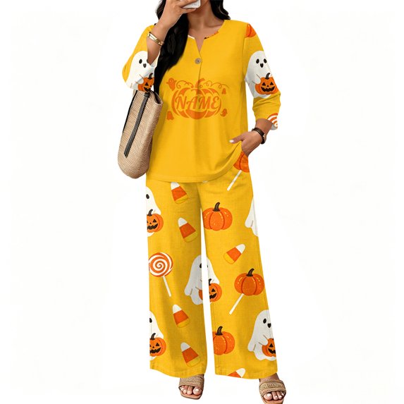 Stralyhd All Hallows Eve Women's Pajama Sets Halloween Party Pajama Night Club Button Top and Shorts Halloween Pumpkin Print Pjs Sleepwear Ginger 3XL