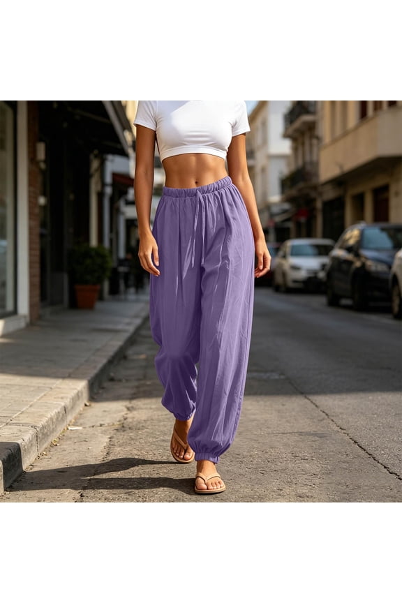 Ankle Strap Pants for Women Casual Loose Linen Palazzo Pants Vacation Drawstring Elastic Waisted Lounge Trousers Purple M