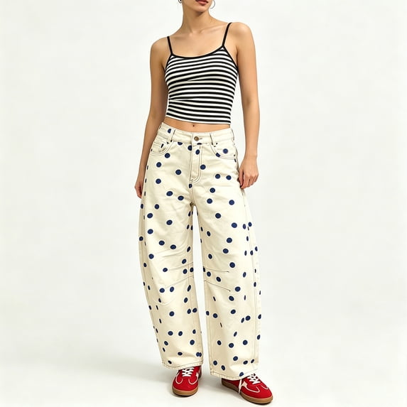Stralyhd Barrel Jeans Women Polka Dot Mid Rise Wide Leg Relax Fit Loose Denim Trouser Casual Trendy Pants with Pockets Blue XL