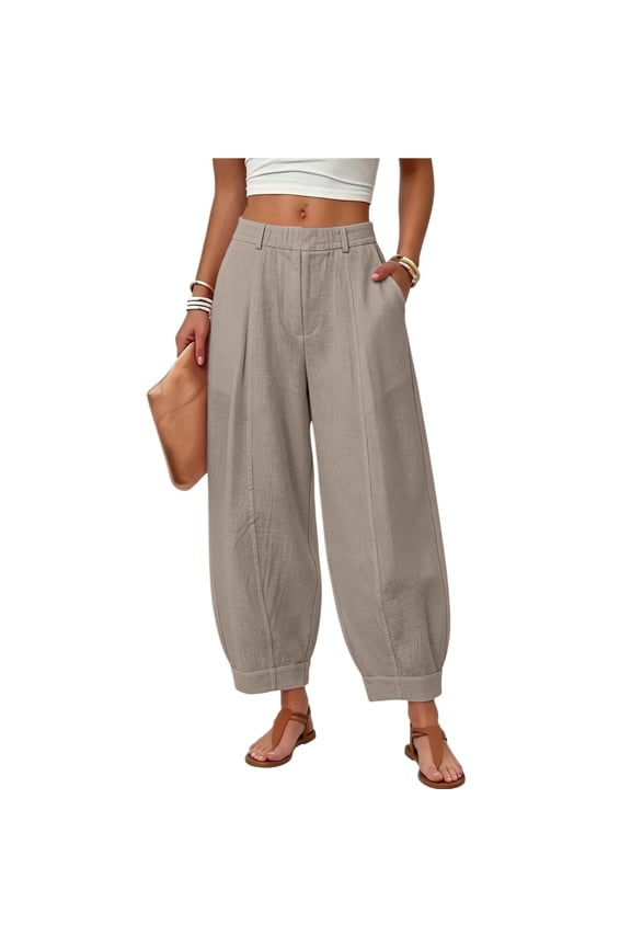 Barrel Pants Women Work High Waisted Balloon Pants 2026 Summer Trendy Trousers Pleated Loose Pant with Pockets Khaki S