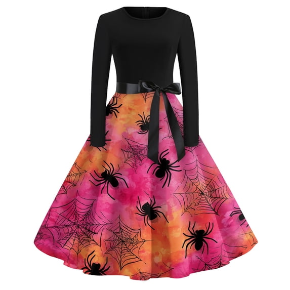 Stralyhd Bat Print Womens Dresses Halloween Holiday Long Sleeve Dress Party Midi Dress Drawstring Halloween Pumpkin Print Clothes Red S