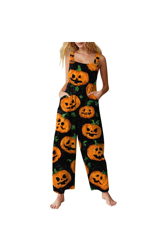 Bat Print Womens Overalls Halloween Party Square Neck Jumpsuit Ghost Jumpsuits with Pockets Halloween Pumpkin Print Long Pants Saffron XL