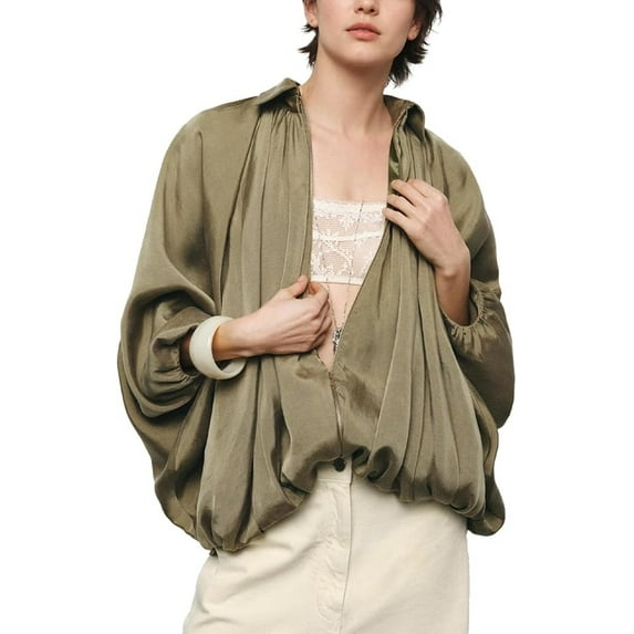 Stralyhd Bomber Jacket Women Lapel Collar Batwing Long Sleeve Casual Jackets Trendy Front Zip Shirts Lightweight Pleats Bubble Hem Streetwear Coats Green S