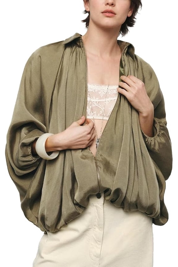 Bomber Jacket Women Lapel Collar Batwing Long Sleeve Casual Jackets Trendy Front Zip Shirts Lightweight Pleats Bubble Hem Streetwear Coats Green S