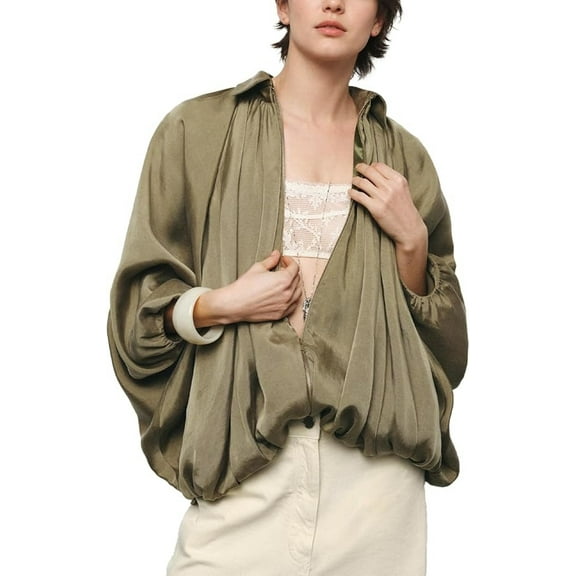 Stralyhd Bomber Jacket Women Lapel Collar Batwing Long Sleeve Oversized Jacket Trendy Zip Shirts Lightweight Pleats Bubble Hem Streetwear Jackets Green L