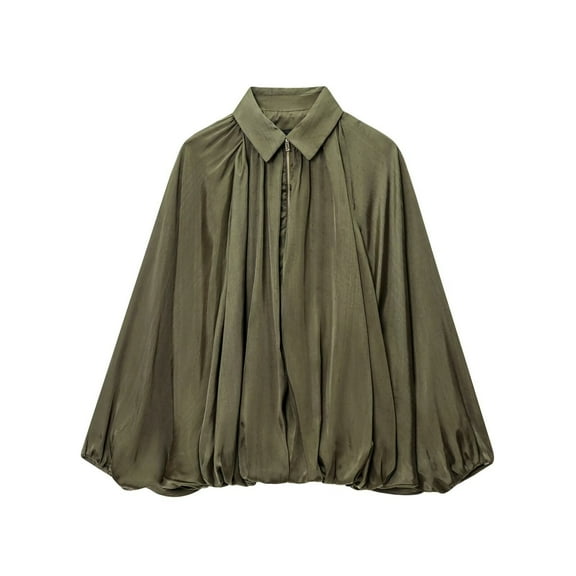 Stralyhd Bomber Jacket Women Lapel Collar Long Batwing Sleeve Casual Jackets Fashion Zipper Shirt Lightweight Pleats Bubble Hem Streetwear Coats Army Green S