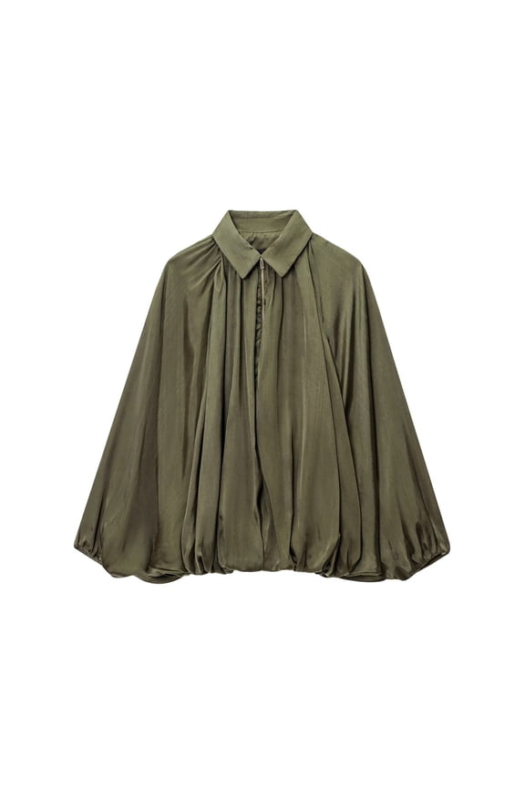 Bomber Jacket Women Lapel Collar Long Batwing Sleeve Casual Jackets Fashion Zipper Shirt Lightweight Pleats Bubble Hem Streetwear Coats Army Green S