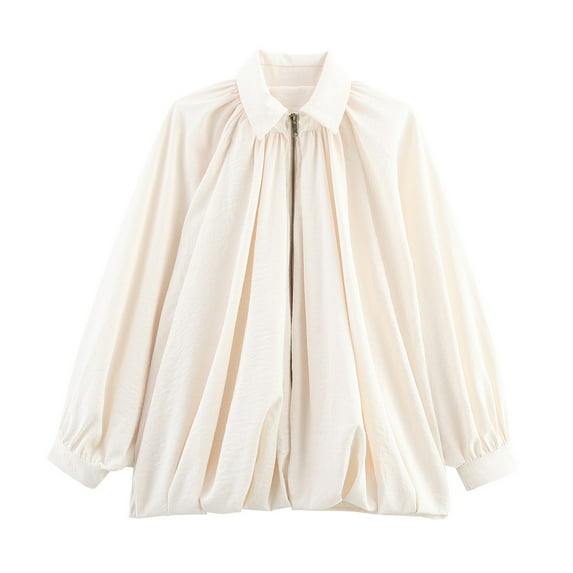 Stralyhd Bomber Jacket Women Lapel Collar Long Batwing Sleeve Casual Jackets Trendy Zipper Shirt Pleated Bubble Hem Streetwear Coats Beige L