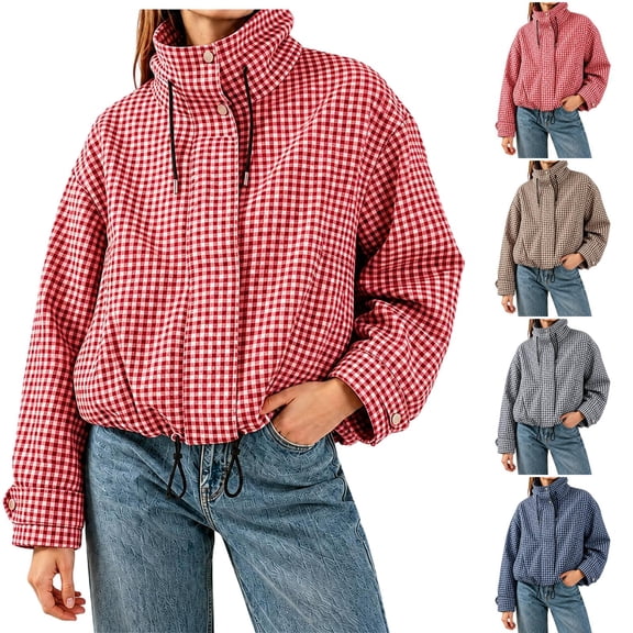 Stralyhd Bomber Jackets for Women Trendy Zip Up Plaid Jacket Stand Collar Cropped Fall Jackets Casual Lightweight Cute Coat Red L