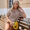 thumbnail image 1 of Stralyhd Button Down Shirts for Women Short Sleeve Linen Tops Plaid Collar Blouses Loose Fit Beach Vacation Outfits Brown S, 1 of 7