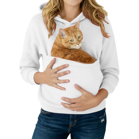 Stralyhd Cat Dog Pouch Hoodie for Women Cozy Soft Sweatshirt with Pet Pocket Fleece Pet Carrier Hoodie Long Sleeve Small Animal Carrier Pullover White L