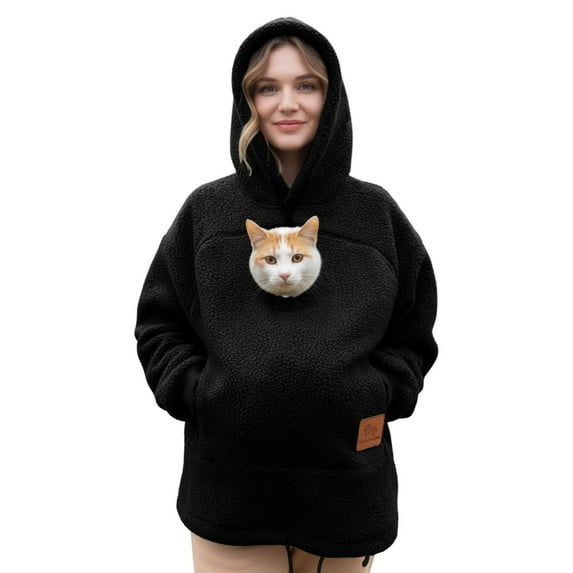 Stralyhd Cat Dog Pouch Hoodie for Women Cozy Soft Sweatshirts with Large Pocket Fleece Kangaroo Pouch Hoodie Hooded Small Animal Carrier Pullover Black L