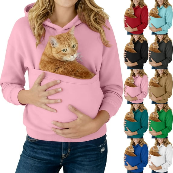 Stralyhd Cat Dog Pouch Hoodie for Women Oversized Sweatshirt with Pet Pocket Fleece Kangaroo Pouch Hoodie Long Sleeve Animal Holder Pullover Army Green L