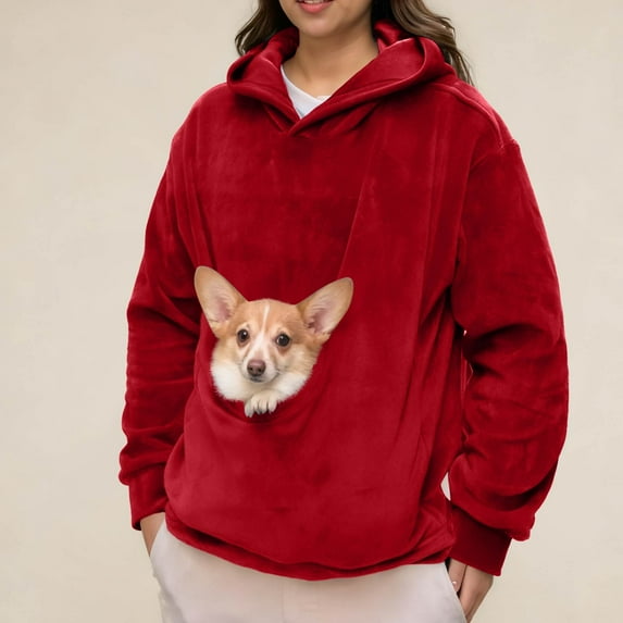 Stralyhd Cat Dog Pouch Hoodie for Women Cozy Soft Sweatshirts with Large Pocket Velvet Warm Pet Care Hoodie Long Sleeve Pet Carrier Pullover Wine XL