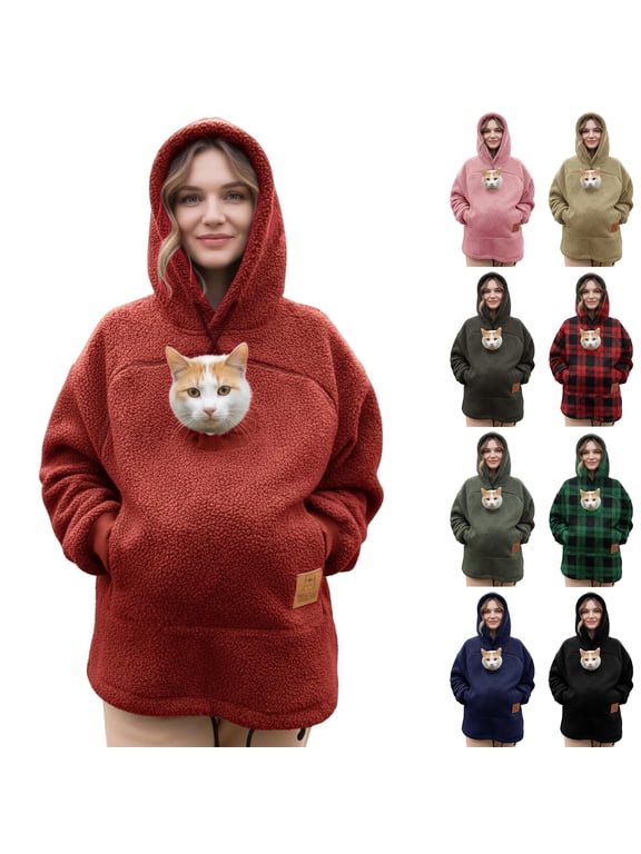 Cat Dog Pouch Hoodie for Women Oversized Kitten Puppy Holder Sweatshirt Fleece Pet Carrier Hoodie Hooded Small Animal Carrier Pullover Red L