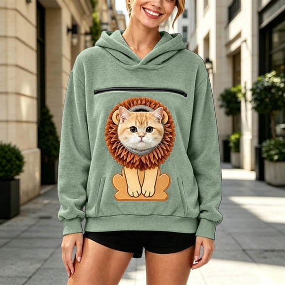 Stralyhd Cat Pouch Hoodie for Women Cozy Soft Kitten Puppy Holder Sweatshirt Fleece Warm Kangaroo Pouch Hoodie Long Sleeve Small Animal Carrier Pullover with Pet Pocket 3XL