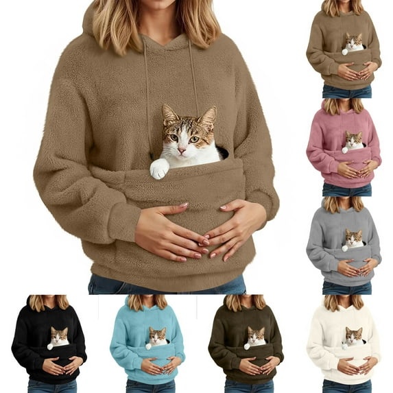 Stralyhd Cat Pouch Hoodie for Women Cozy Soft Sweatshirts with Large Pocket Fleece Warm Kangaroo Pouch Hoodie Long Sleeve Animal Holder Pullover Army Green S