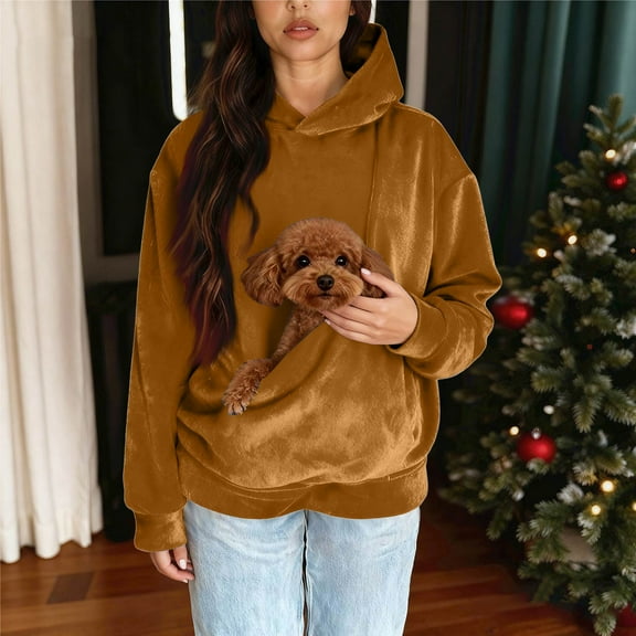 Stralyhd Cat Pouch Hoodie for Women Oversized Sweatshirts with Large Pocket Velvet Warm Kangaroo Pouch Hoodie Hooded Animal Holder Pullover Light Brown XL