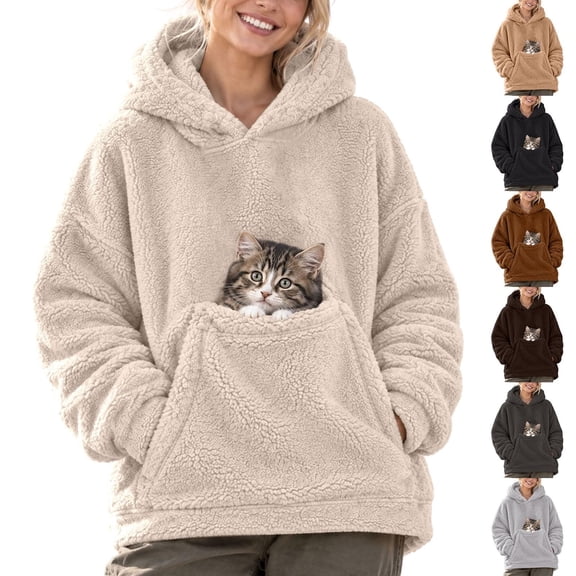 Stralyhd Cat Pouch Hoodie for Women Cozy Dog Pouch Sweatshirts Fleece Pet Carrier Hoodie Hooded Pet Carrier Pullover with Pet Pocket Brown S