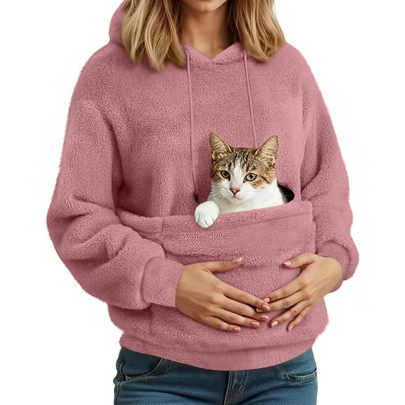 Stralyhd Cat Pouch Hoodie for Women Cozy Soft Sweatshirt with Pet Pocket Fleece Warm Kangaroo Pouch Hoodie Hooded Animal Holder Pullover Pink L