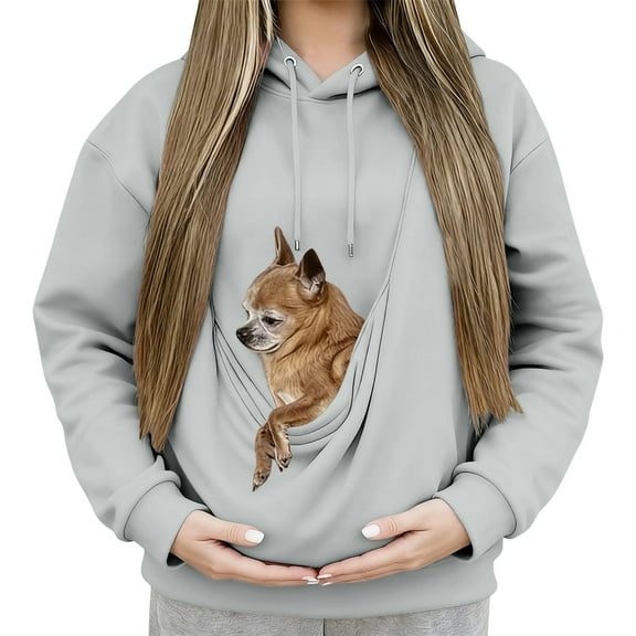 Stralyhd Cat Pouch Hoodie for Women Cozy Soft Sweatshirt with Pet Pocket Pet Care Hoodie Long Sleeve Small Animal Carrier Light Gray S