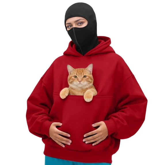 Stralyhd Cat Pouch Womens Hoodies with Face Mask Zipper Animal Holder Oversized Hooded Sweatshirt Streetwear Casual Pullover Tops Red XL