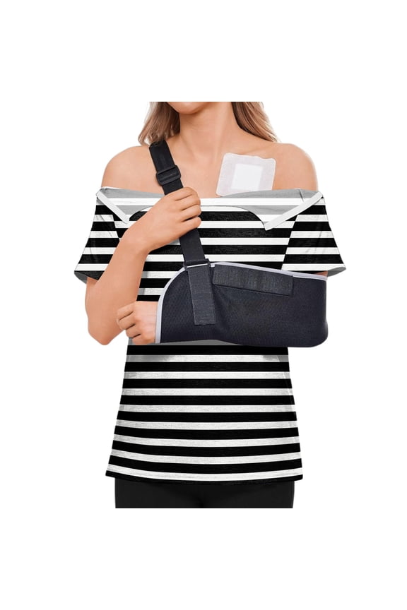 Chemo Port Shirts for Women Short Sleeve Tear Away Tops Shoulder Zipper Recovery Shirts Chemo Post Adaptive Top Black XXXL