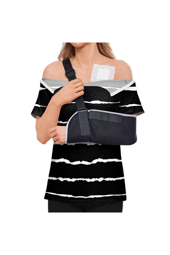Chemo Port Shirts for Women Short Sleeve Tear Away Tops Side Closure Recovery Shirts Post-Operative Adaptive Top Black M