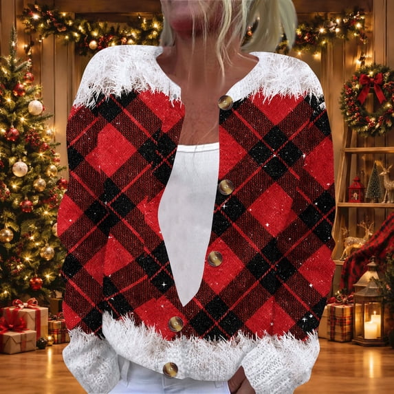 Stralyhd Christmas Cardigan for Women Plus Size Buffalo Plaid Print Button Up Cardigan Sweaters Fall Winter Loose Fit Long Sleeve Open Front Coats for Women Multicolor 5XL