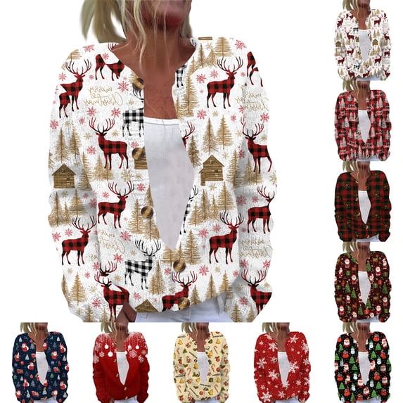 Stralyhd Christmas Cardigan for Women Plus Size Xmas Tree Reindeer Print Button Up Cardigan Sweaters Winter Casual Comfy Open Front Outerwear Jacket White XL