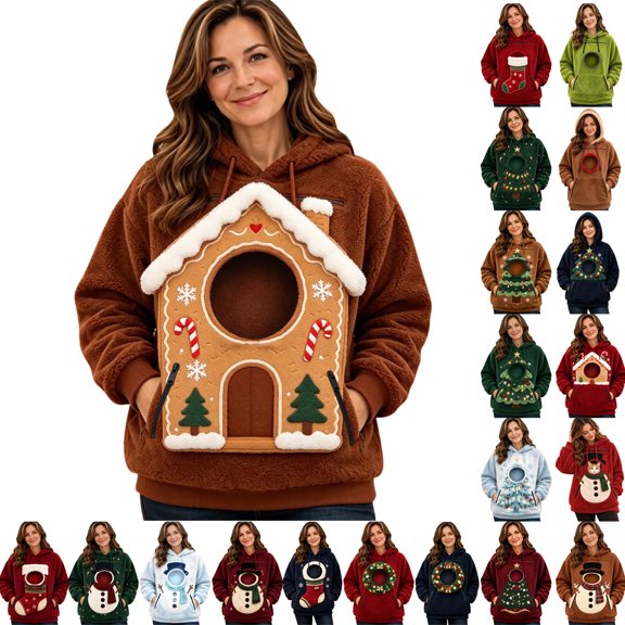 Stralyhd Christmas Dog Hoodie for Women Santa Cat Carrier Sweatshirt with Pocket Zip Up Dogs Hoodie with Pouch Zip Holiday Hoodies