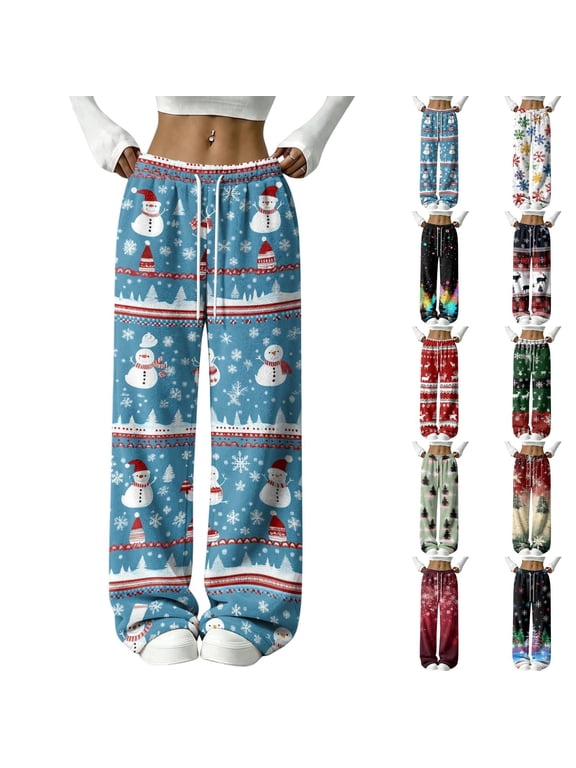 Christmas Pajama Pants for Women Holiday Lounge Wide Leg Pants Festive Plus Size Pj Pants Comfy Sleep Pajamas Pants Drawstring Bottoms