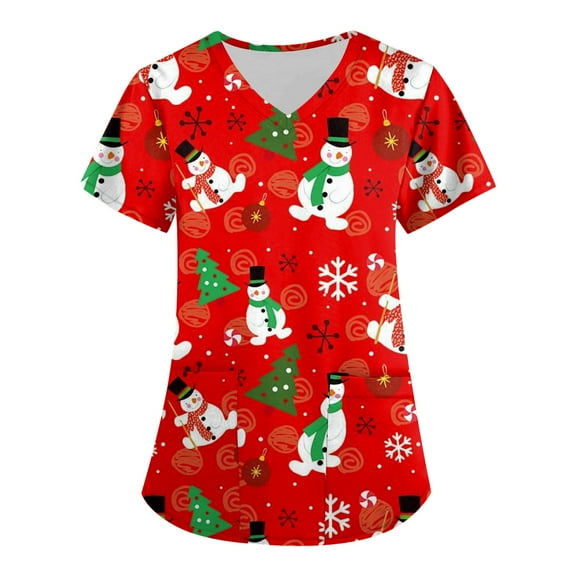 Stralyhd Christmas Scrub Tops Women Christmas Tree Print Nursing Uniform V Neck Short Sleeve Holiday Prints Stretch Nurse Shirt with Pockets Vermilion L