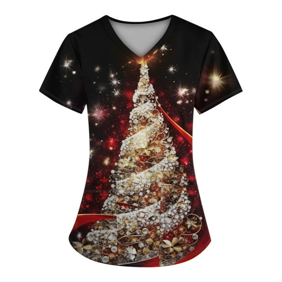 Stralyhd Christmas Scrub Tops Women Plus Size Medical Nursing Uniform Shirts Soft Christmas Tree Print Nursing Uniform V Neck Short Sleeve Xmas Shirt with Pockets Black 4XL