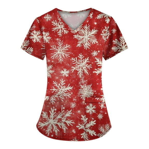 Stralyhd Christmas Scrubs for Women Christmas Tree Print Medical Nursing Uniform Shirts V Neck Short Sleeve Holiday Prints Soft Nurse Shirt with Pockets Multicolor M