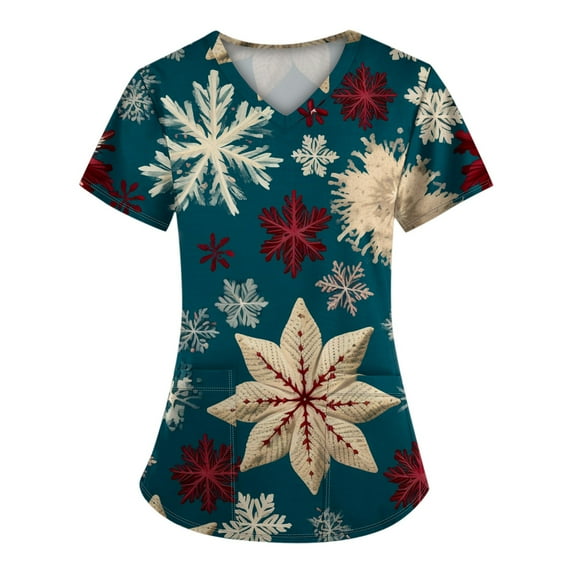 Stralyhd Christmas Scrubs for Women Christmas Tree Print Medical Nursing Uniform Shirts V Neck Short Sleeve Holiday Prints Soft Xmas Shirt with Pockets Turquoise S