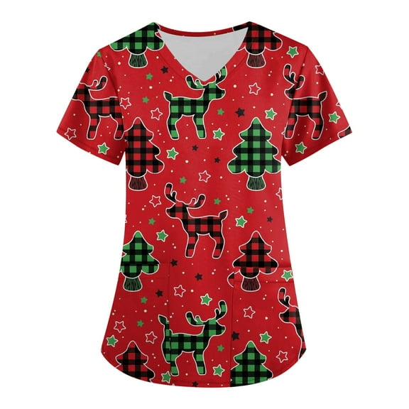 Stralyhd Christmas Scrubs for Women Christmas Tree Print Medical Nursing Uniform Shirts V Neck Short Sleeve Plus Size Soft Nurse Shirt with Pockets Red XL