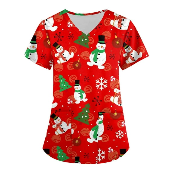 Stralyhd Christmas Scrubs for Women Christmas Tree Print Nursing Uniform V Neck Short Sleeve Funny Print Stretch Xmas Shirt with Pockets Vermilion 2XL