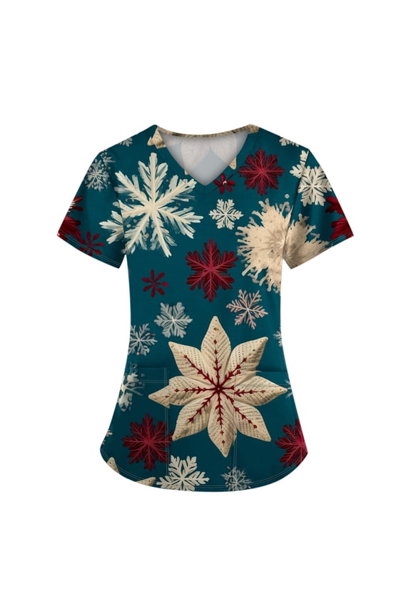 Christmas Scrubs for Women Funny Print Nursing Uniform Stretch Christmas Tree Print Medical Nursing Uniform Shirts V Neck Short Sleeve Nurse Shirt with Pockets Turquoise XL