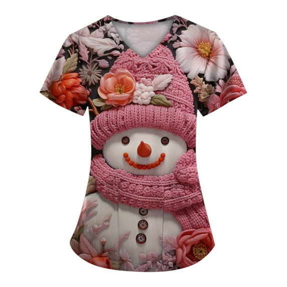 Stralyhd Christmas Scrubs for Women Holiday Prints Nursing Uniform Soft Christmas Tree Print Medical Nursing Uniform Shirts V Neck Short Sleeve Nurse Shirt with Pockets Pink 5XL