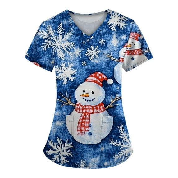 Stralyhd Christmas Scrubs for Women Holiday Prints Nursing Uniform Stretch Christmas Tree Print Medical Nursing Uniform Shirts V Neck Short Sleeve Nurse Shirt with Pockets Sky Blue L