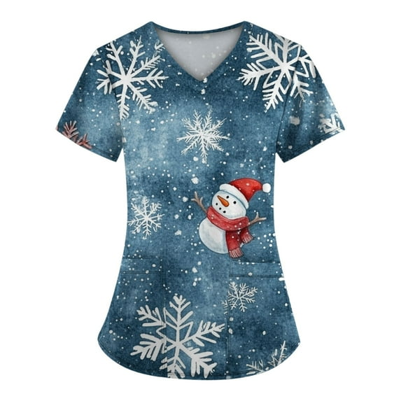 Stralyhd Christmas Scrubs for Women Holiday Prints Nursing Uniform Stretch Christmas Tree Print Medical Nursing Uniform Shirts V Neck Short Sleeve Nurse Shirt with Pockets Navy L