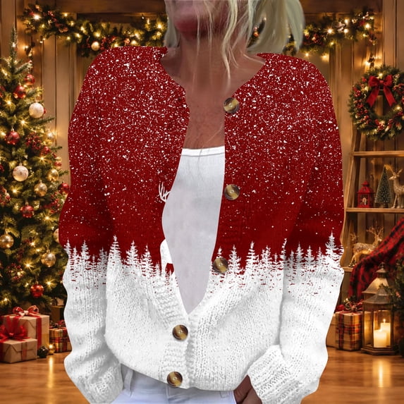 Stralyhd Christmas Sweaters for Women Oversized Christmas Graphic Button Down Cardigan Sweaters Fall Winter Loose Fit Open Front Knitted Outerwear White M